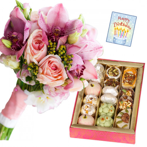 Pink Floral Mix - 10 Pink Flowers Bunch, Kaju Mix 250 gms & Card