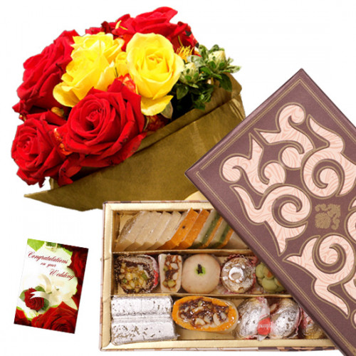 Red N Yellow Mix - 6 Red and Yellow Roses, Kaju Mix 500 gms & Card
