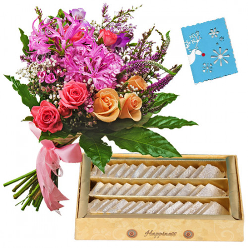 Huge Katli Mix - 15 Mix Flowers Bunch, Kaju Katli 500 gms & Card