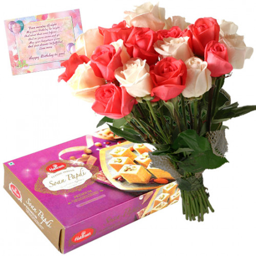 Pink N White Papdi - 12 Pink and White Roses Bunch, Soan Papdi 250 gms & Card