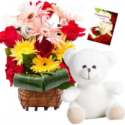 Mixed with Bear - 20 Mix Flowers in Basket, Teddy 6 inch + Card