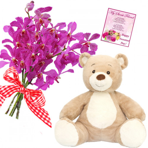 Flowery Bear - 6 Orchids Bunch, Teddy 6 inch + Card