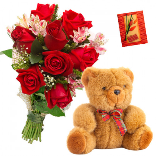 Roses N Teddy - 8 Red Roses Bunch, Teddy 6 inch + Card