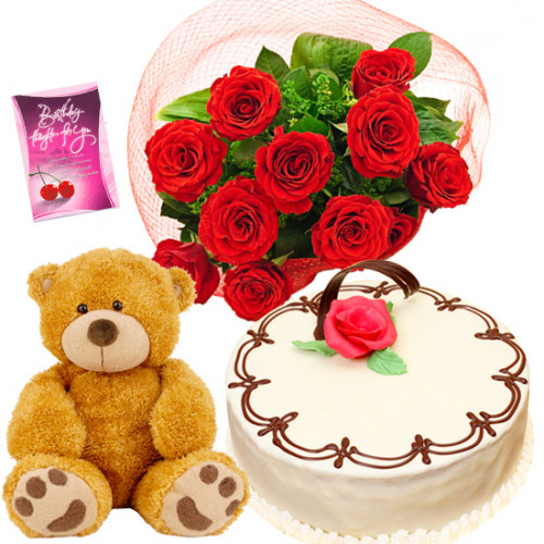 Rose N Vanilla Softy - 8 Red Roses Bunch, Teddy 6 inch, 1/2 Kg Vanilla Cake + Card