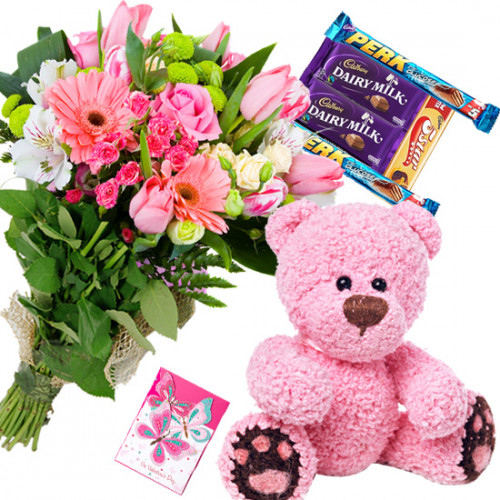 Pink Dove - 15 Pink Flowers Bunch, Teddy 8 inch, 5 Assorted Bars + Card
