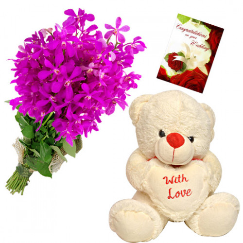 Hearty Orchids - 9 Purple Orchids Bunch, Teddy 6 inch with Heart + Card