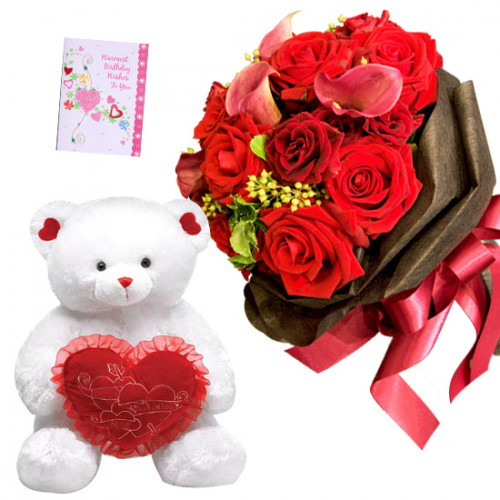 Rosy Heart - 10 Red Roses Bunch, Teddy 10 inch with Heart + Card