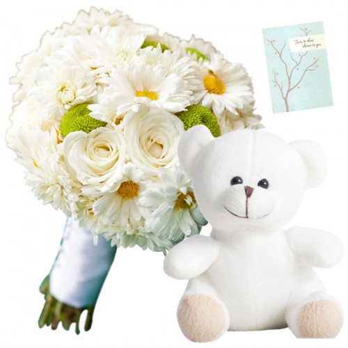 White Flowers N Teddy - 6 Mix White Flowers Bunch, Teddy 6 inch + Card