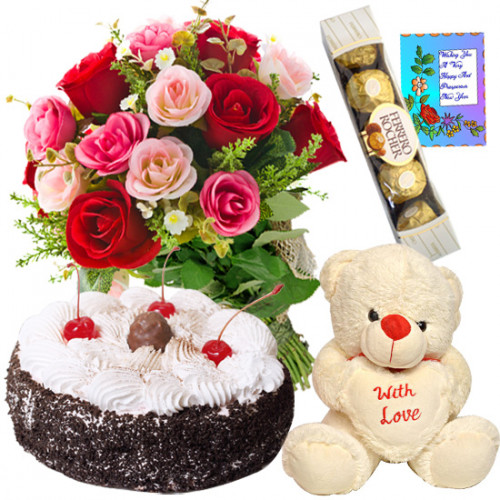 Full Time Fun - 12 Red & Pink Roses Bunch, Teddy 6 inch with Heart, Ferrero Rocher 4 pcs, 1/2 kg Black Forest Cake