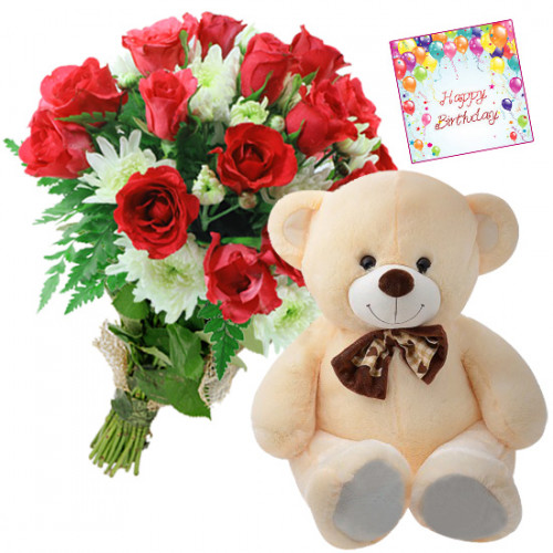 Big Bear Roses - 18 Red Roses Bunch, Teddy 20 inch + Card