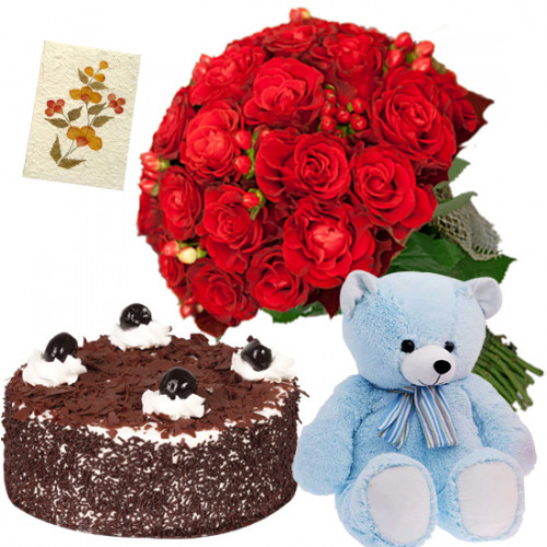 Bunch Cake N Teddy - 8 Red Roses Bunch, Teddy 6 inch, Black Forest Cake 1/2 kg + Card