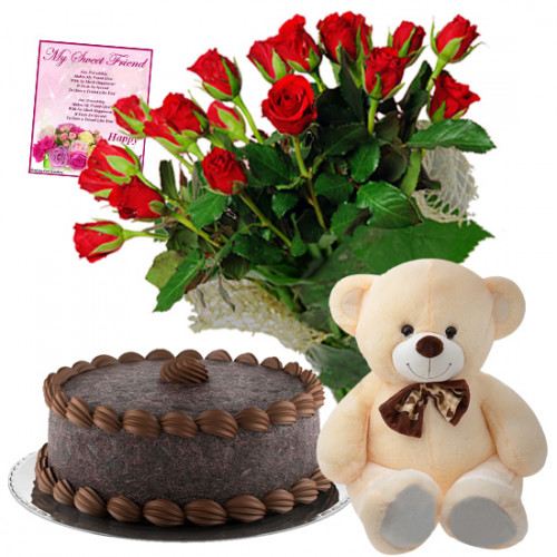 Red Choco Teddy - 16 Red Roses in Bunch, Teddy 6 inch, Chocolate Cake 1/2 kg + Card