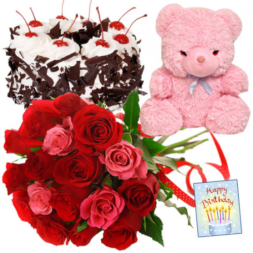 Red N Pink Delight - 12 Red & Pink Roses Bunch, Teddy 6 inch, Black Forest Cake Heart Shaped 1 kg + Card