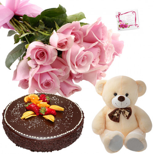Rose Teddy Cake - 10 Pink Roses Bunch, Teddy 6 inch, Chocolate Cake 1/2 Kg + Card