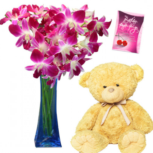 Vase Full of Love - 8 Purple Orchids Vase, Teddy 6 inch + Card