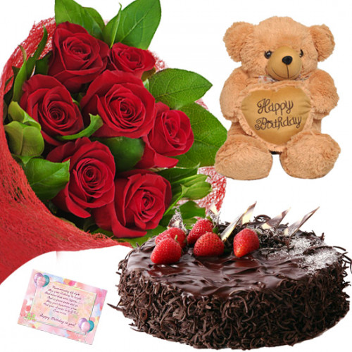 Red Choco Heart - 12 Red Roses Bunch, Teddy 6 inch with Heart, Chocolate Cake 1/2 kg + Card