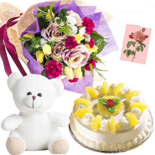 Mix Pina Teddy - 20 Mix Flowers Bunch, Teddy 10 inch, Pineapple Cake 1/2 kg + Card