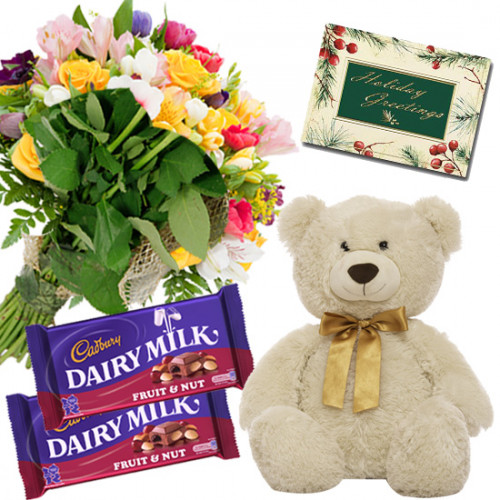 Nutty Basket Combo - 20 Mix Flowers Basket, Teddy 6 inch, 2 Fruit N Nut