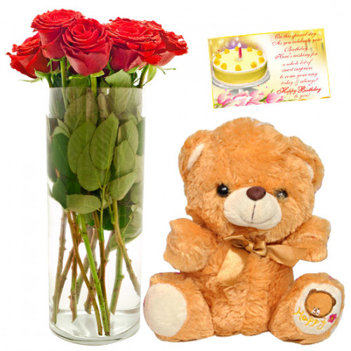 Rose Vase Teddy - 14 Red Roses in Vase, Teddy 6 inch + Card