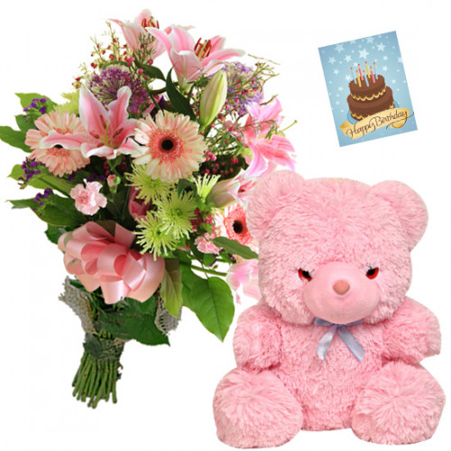 Mix Pink Teddy - 15 Mix Pink Flowers, Teddy 6 inch + Card