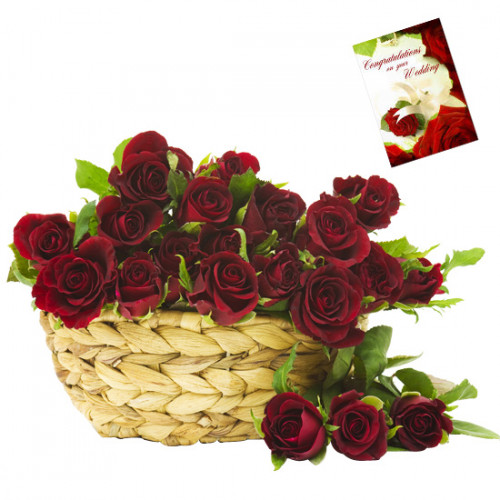 Basket of Roses - 21 Red Roses Basket & Card