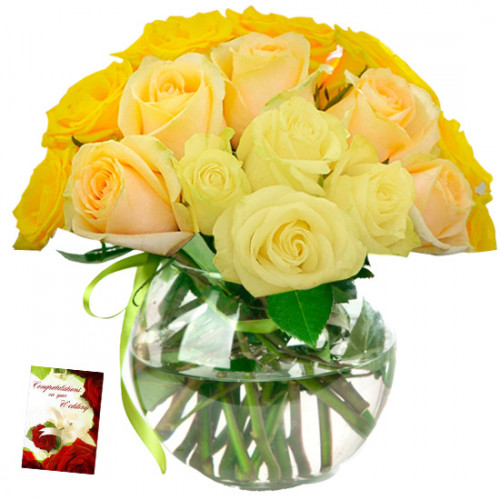Many Yellow Roses - 30 Yellow Roses in Vase & Card