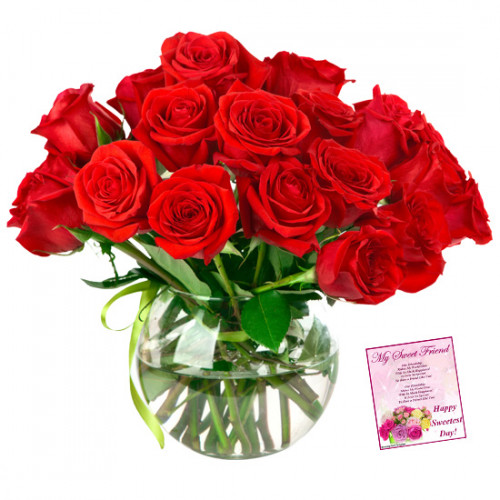 Red Rose Vase - 18 Red Roses in Vase & Card