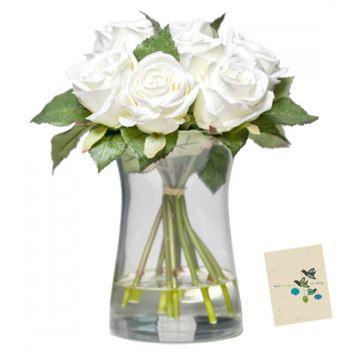 Six White Vase - 6 White Roses in Vase & Card