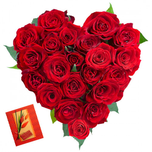 Heart of Rose - 25 Red Roses Heart Shape Arrangement in Basket & Card