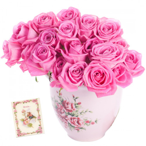 Ready to Surprise - 18 Pink Roses in Vase & Card