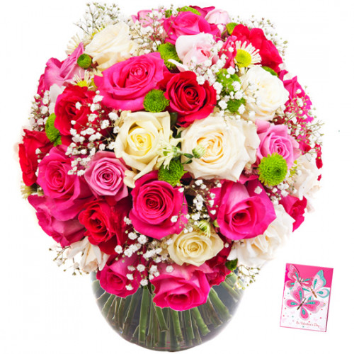 Mix Luxury - 100 Mix Roses in Vase & Card