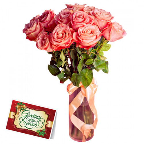 Amused By Love - 12 Pink Roses in Vase & Card