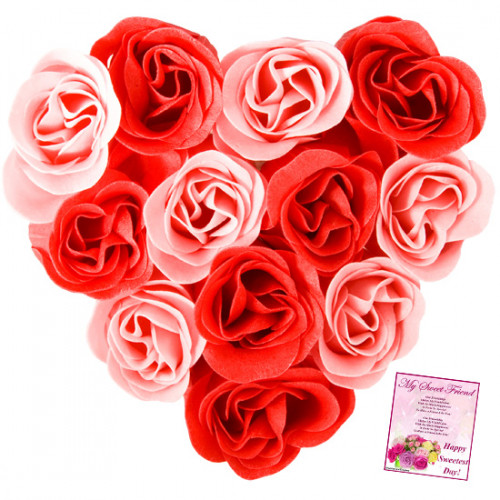 Red Heart Roses - 30 Red & Pink Roses Heart Shape Arrangement & Card