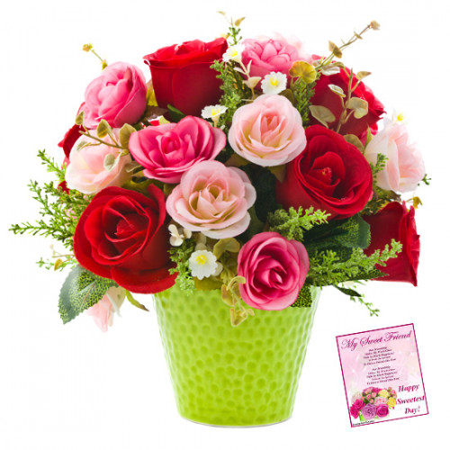 Red N Pink Rose Vase - 15 Red & Pink Roses in Vase & Card