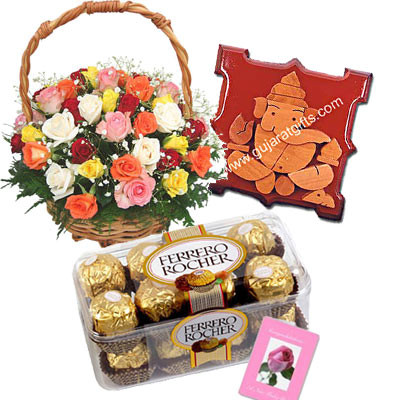 Wedding Delight - 30 mix roses in basket, Ferrero Rocher 16 pcs, Ganesha on wooden Slab and Card