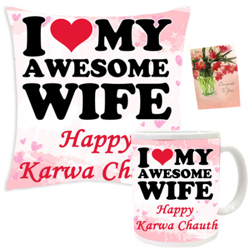 Fast Special - Happy Karwa Chauth Cushion, Happy Karwa Chauth Mug and Card