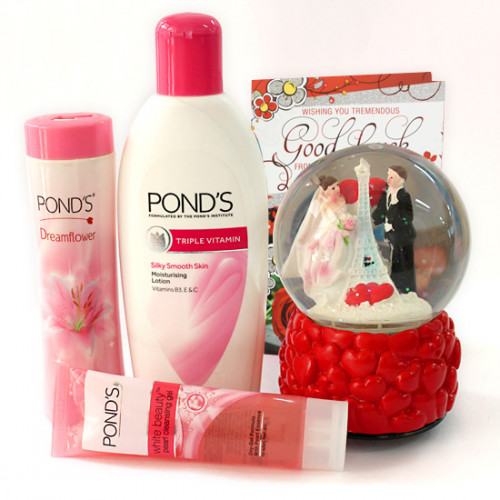 Ponds Love - Ponds Triple Vitamin Moisturizing Lotion, Ponds White Beauty Pearl Cleansing Gel Face Wash, Ponds Dream Flower Fragrant Talc, Musical Globe with Heart and Card