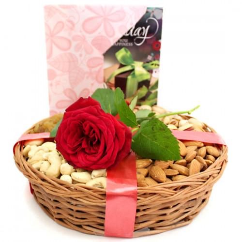 Longlasting Love - Assorted Dryfruit in Basket, 1 Artificial Rose and Card