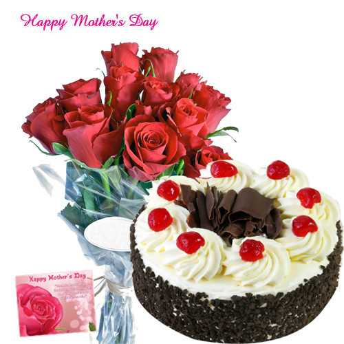 Gift for Mom - Bunch of 12 Red Roses, Black Forest Cake 1/2 kg and Card