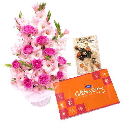 Colorful Bunch - 24 Pink Gladiolus & 12 Roses Bouquet + Cadbury Celebration 162 gms + Card