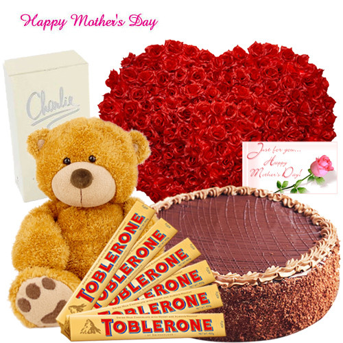 Grand Combination - 100 Red Roses Heart, Chocolate Cake 1 kg, Charlie White , Teddy 12", 6 Toblerone and Card