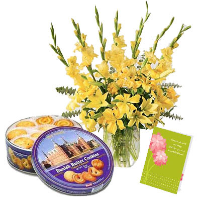 Smile for You - 24 Yellow Gladiolus in Vase + Danish Butter Cookies 454 gms + Card
