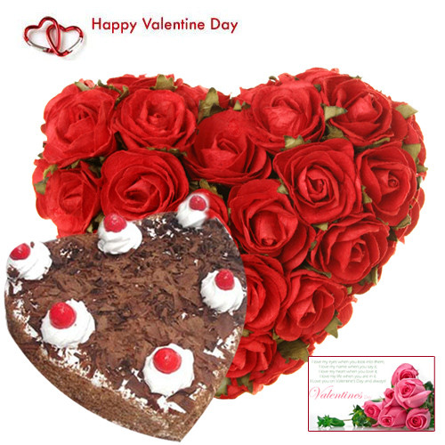 Valentine Pure Heart - 30 Red Roses Heart Shape + Black Forest Heart Cake 2 kg + Card