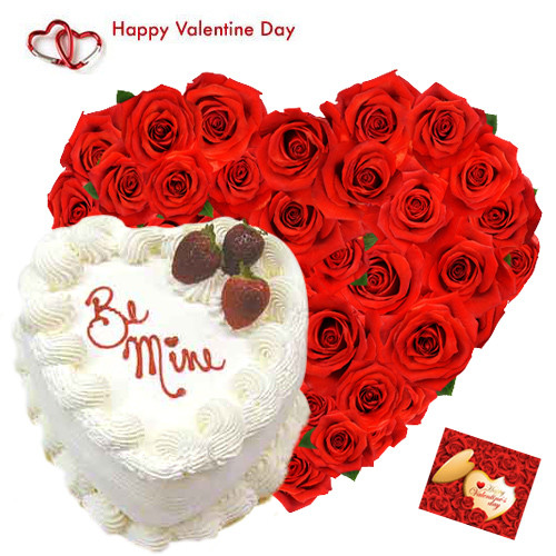 Valentine Sweet Heart - 50 Red Roses Heart Shape + Pineapple Heart Cake 1 kg + Card