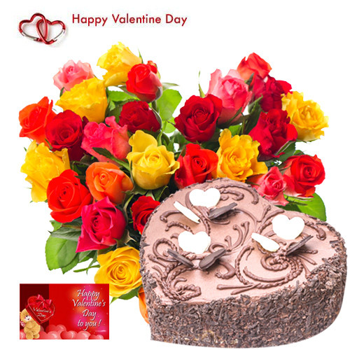 Valentine Choco Heart - 50 Mix Roses Heart Shape + Chocolate Heart Cake 1 kg + Card