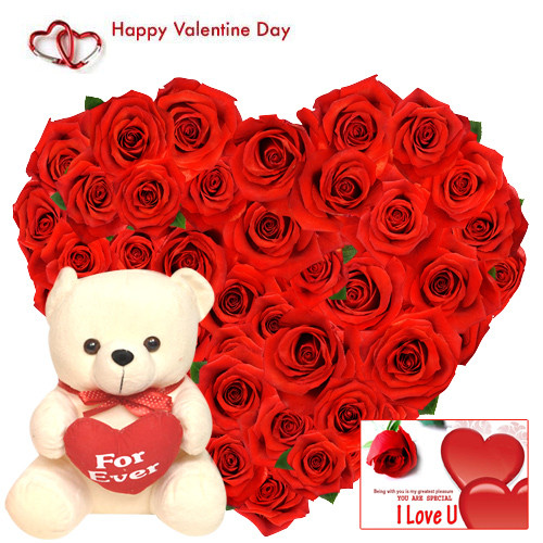 Heart Roses & Teddy - 50 Red Roses Heart Shape + Teddy with Heart 8" + Card