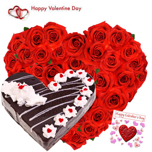 Heart Roses & Cake - 50 Red Roses Heart Shape + Black Forest Heart Cake 1 kg + Card