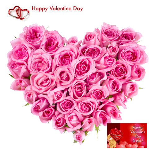 Pink Heart - 30 Pink Roses Heart Shape Arrangement + Card