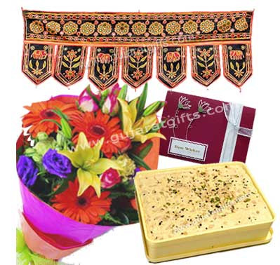 Delicate Flowers - 15 Mix Flowers Bunch + 500 Gms Soan Papdi + Toran + Card