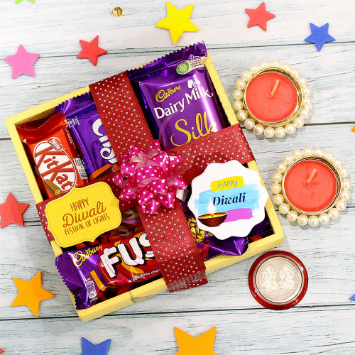 Stunning Chocolaty Tray - Dairy Milk Silk, Dairy Milk Crispello, Dairy Milk Fuse, Kit Kat, 2 Diwali Props, Wooden Tray with 2 Decorative Golden Diyas and Laxmi-Ganesha Coin